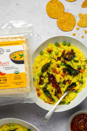 A bowl of stove top made organic kitchari from Pure Indian Foods. A traditional ayurvedic meal made with yellow split dal and aged himalayan basmati rice.