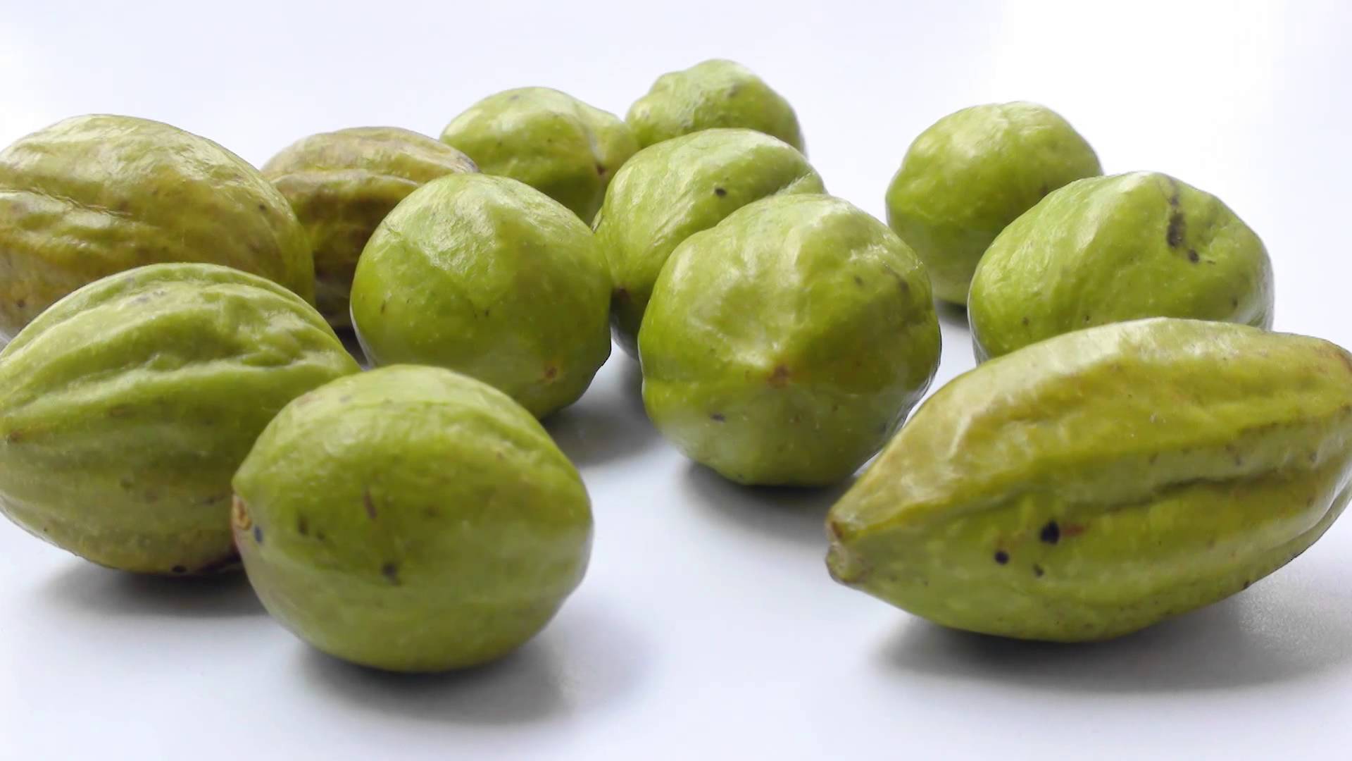 A pile of fresh, greenish-yellow organic Haritaki fruit on a white background.