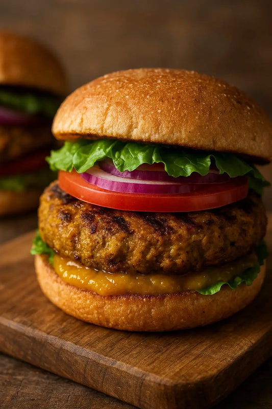 A Curry burger with mango raisin chutney on a wooden board