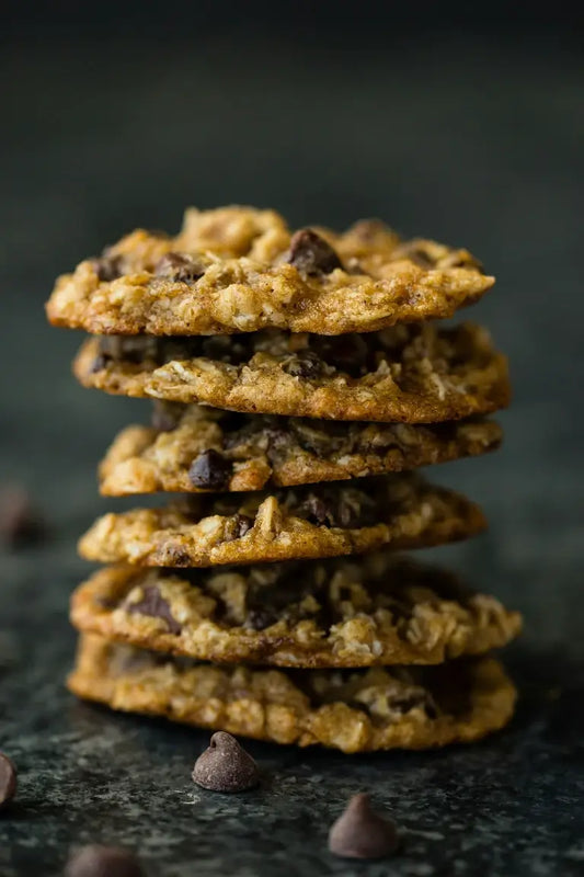 Stack of gluten-free banana oatmeal chocolate chip cookies