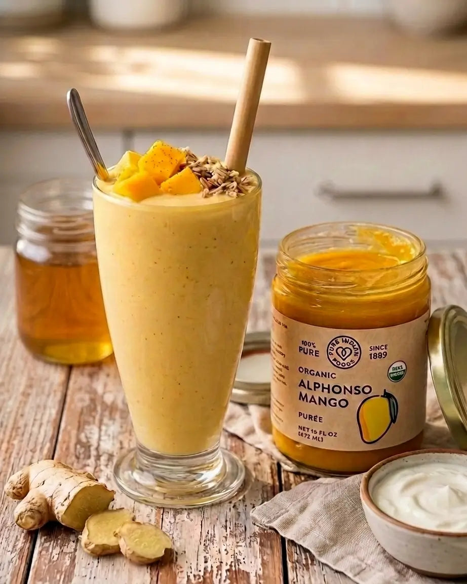 a mango smoothie on a table top next to an open jar of alphonso mango puree, ginger root, honey, and yogurt
