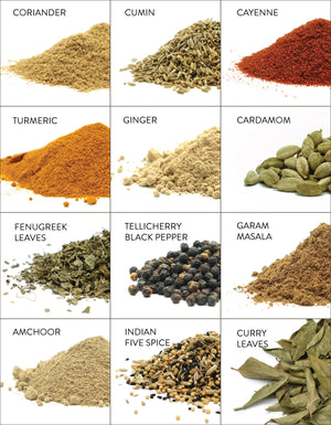 Photo of all the organic spices included in our Indian spice set. Includes coriander, cumin, cayenne, Turmeric, ginger, cardamom, Fenugreek leaves, Tellicherry Black Pepper, Garam masala, Amchoor, Indian Five spice, Curry leaves.