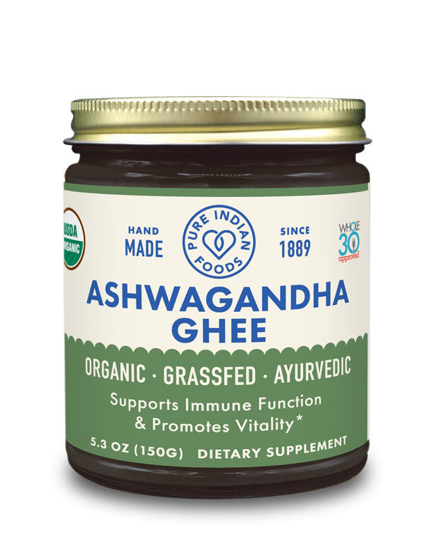 A jar of Ashwagandha Ghee by Pure Indian Foods, an ayurvedic ashwagandha supplement made with organic grassfed ghee.