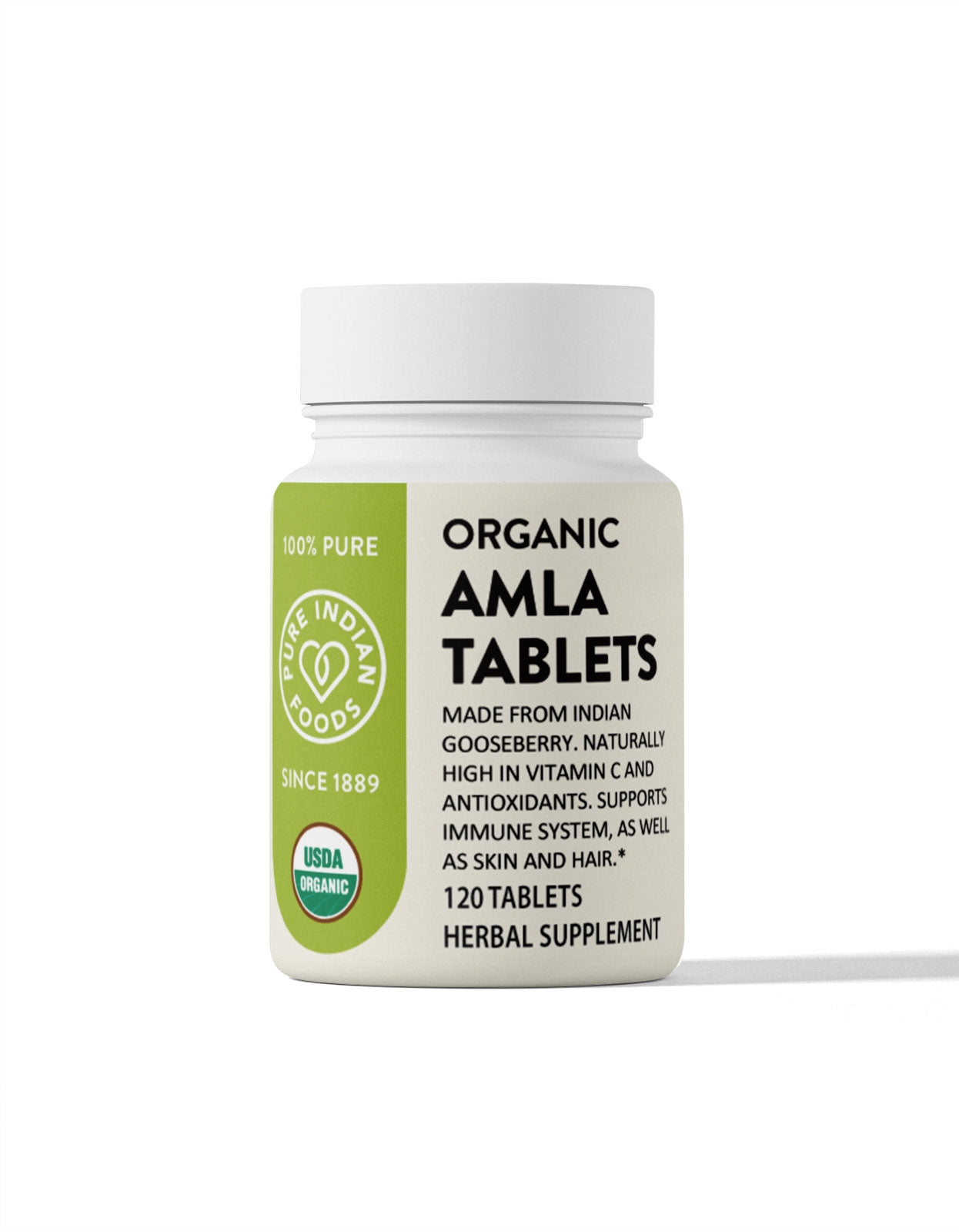 1 bottle of Organic Amla Tablets from Pure Indian Foods. 120 pills per bottle. Made from Indian Gooseberry (Amalaki), it's naturally high in vitamin C and antioxidants and supports the immune system and cardiovascular health  as well as skin and hair.
