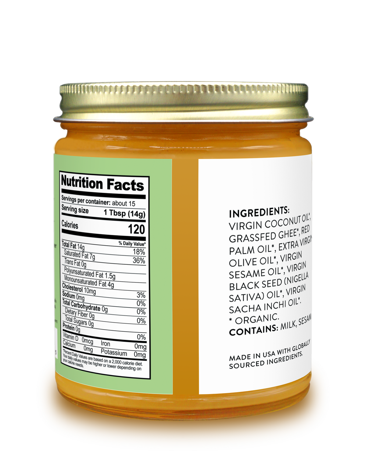 Nutrition facts and ingredients label side of the Pure Indian Foods Break-The-Fast Seven Oil Blend for breaking fasts