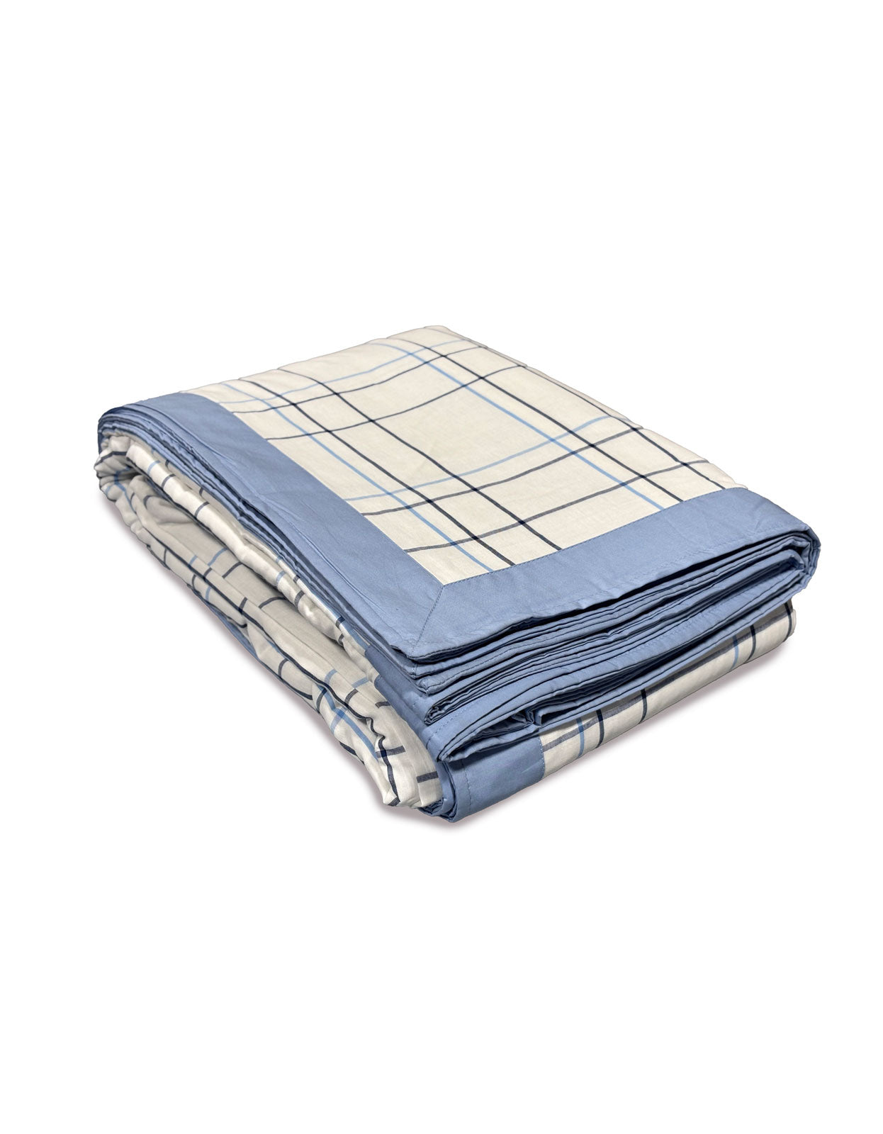 Folded plaid handmade blanket with blue and white pattern made out of Upcycled cotton on a white background