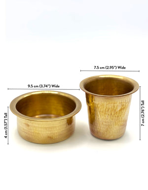 Two brass devara coffee tumbler cups with dimensions indicated on a white background