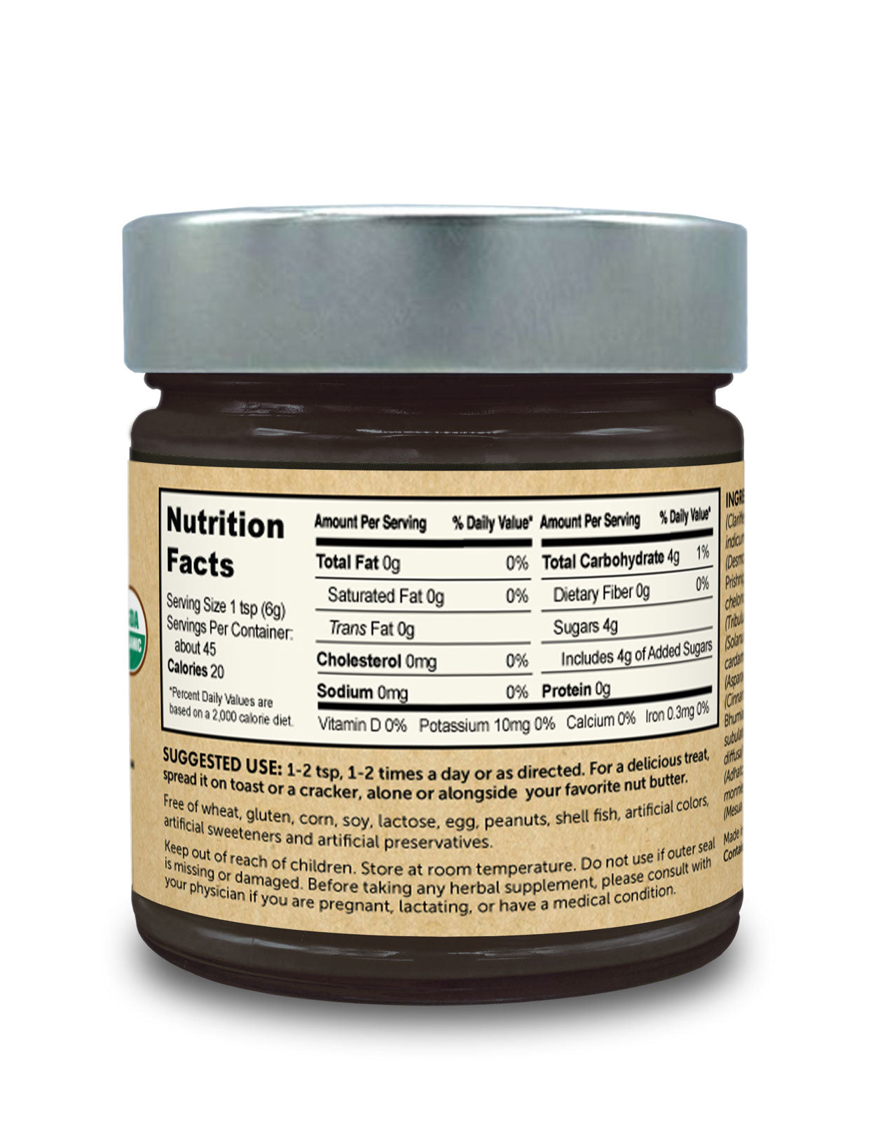 Back label of jar of Pure Indian Foods organic chyawanprash jam. Shows nutrition facts label as well as suggested use.
