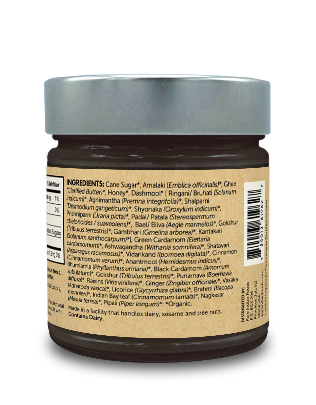 Ingredients label on a jar of Organic Chyawanprash from Pure Indian Foods.