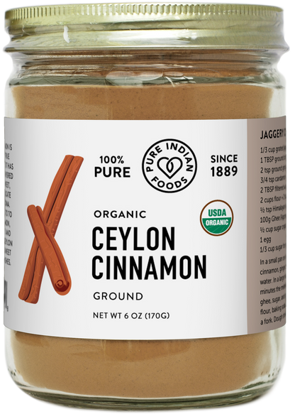 Large, 6 oz glass jar of Pure Indian Foods Organic Ceylon Cinnamon powder, freshly ground.