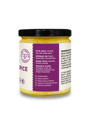 Instructions label on jar of chai ghee from Pure Indian Foods, describing how to blend into coffee, tea, or milk or spread it on toast, pancakes, or waffles