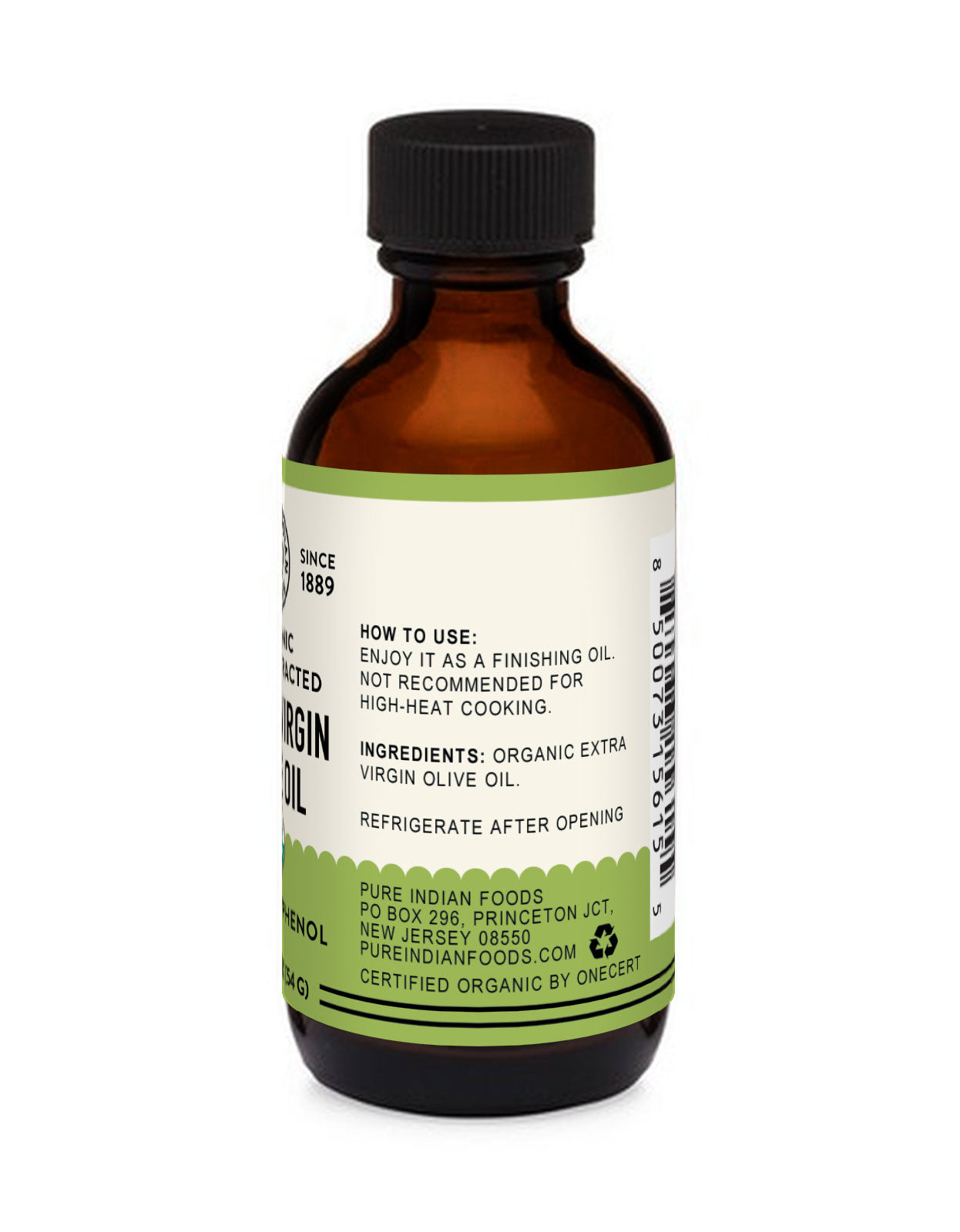 ingredients label on a bottle of pure Indian foods high polyphenol olive oil