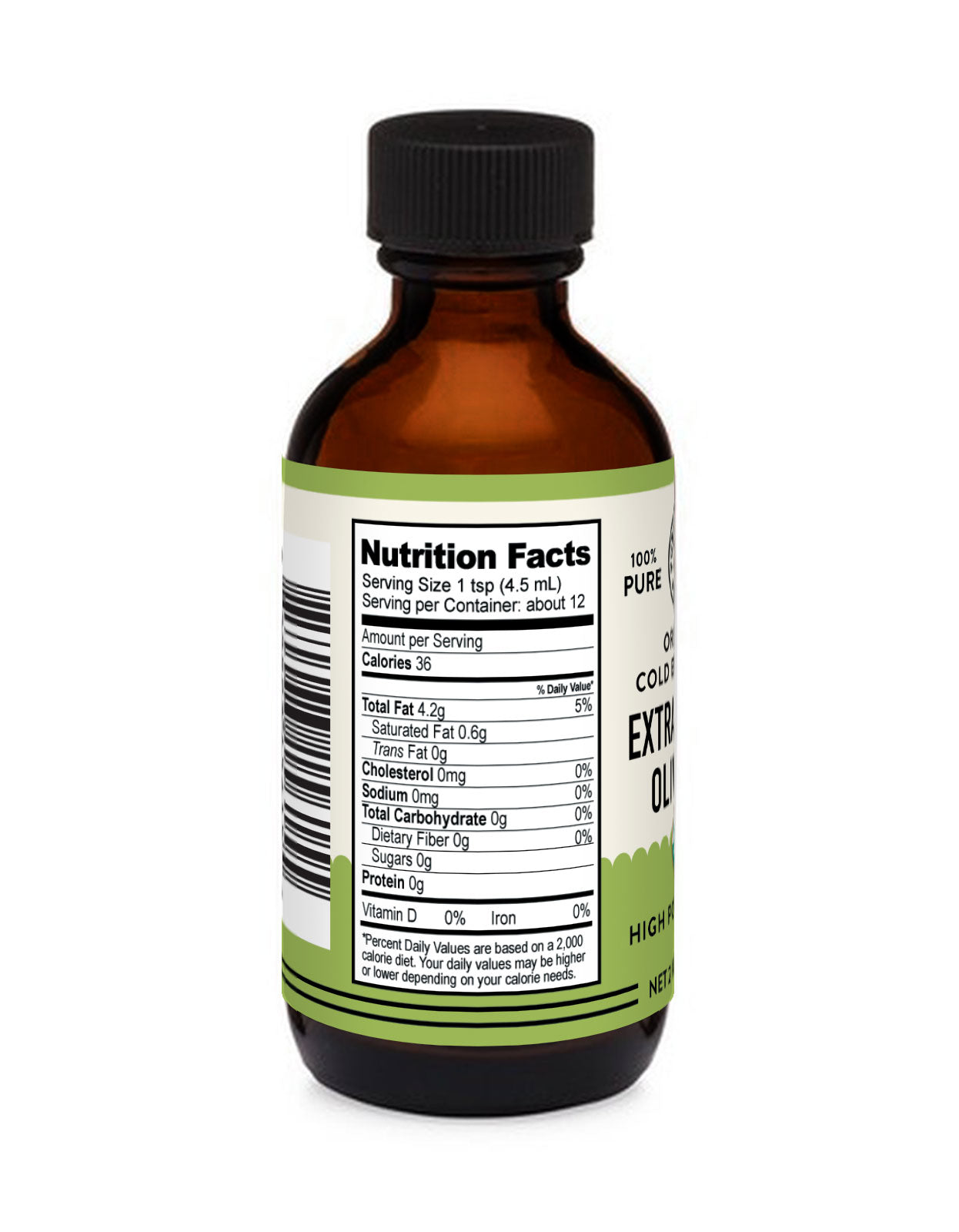 nutrition facts label on high polyphenol olive oil from pure Indian foods