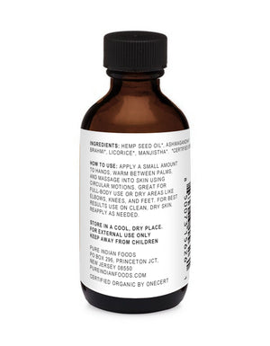 the ingredients label on a bottle of ayurvedic Hemp Massage oil that's been certified organic