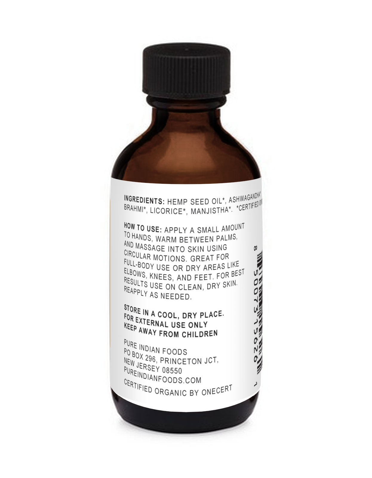 the ingredients label on a bottle of ayurvedic Hemp Massage oil that's been certified organic