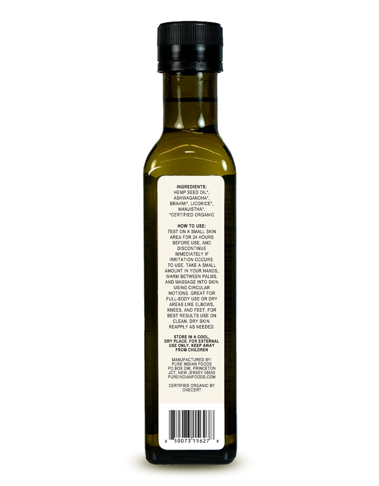 Ingredients label for an 8oz bottle of our Gheek Ayurvedic Hemp Massage Oil 