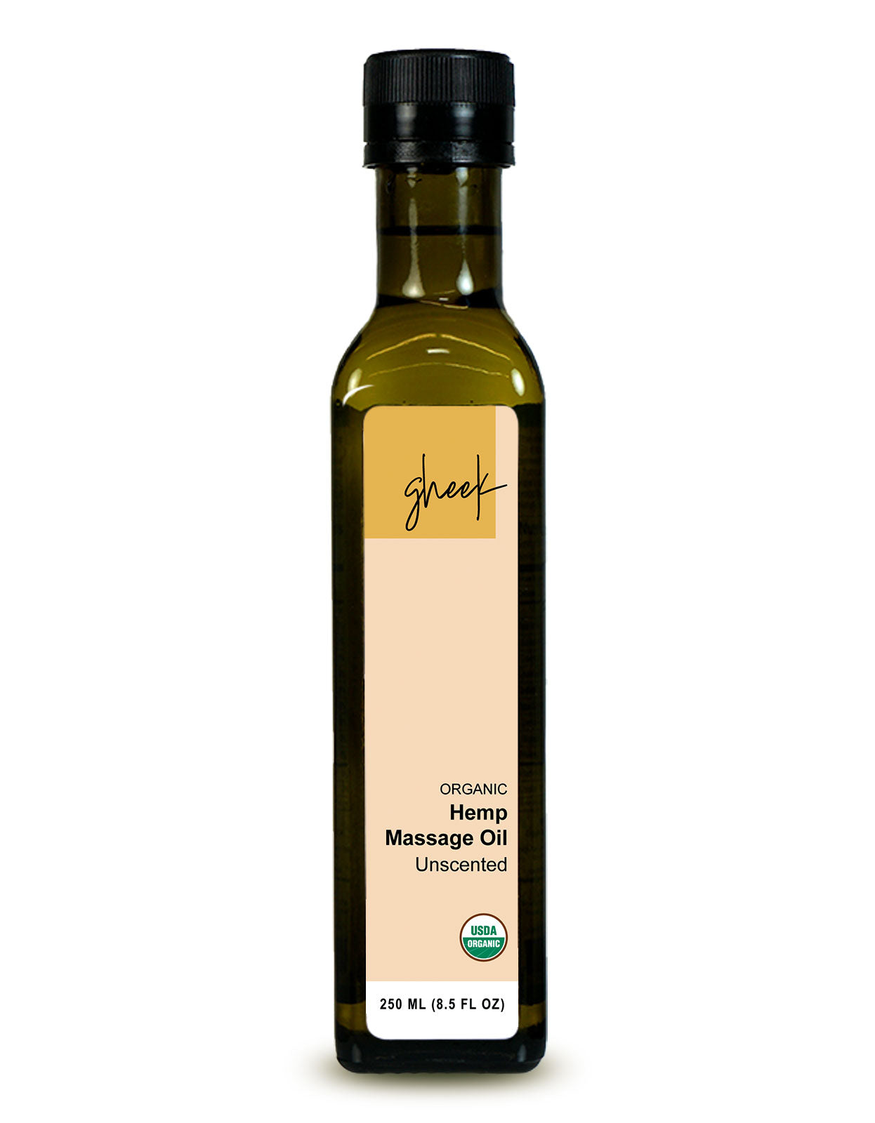 Front of a bottle of Gheek organic Ayurvedic Hemp Massage Oil. Unscented.
