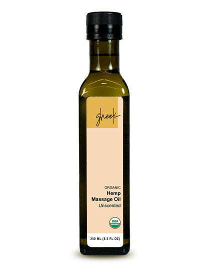 Front of a bottle of Gheek organic Ayurvedic Hemp Massage Oil. Unscented.