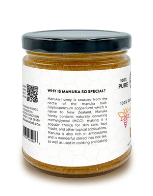 Side label on a jar of raw manuka honey from Pure Indian Foods.