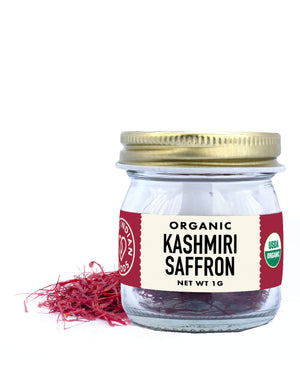 Pure Indian Foods Organic Kashmiri Saffron, 1g, packaged in a glass jar.