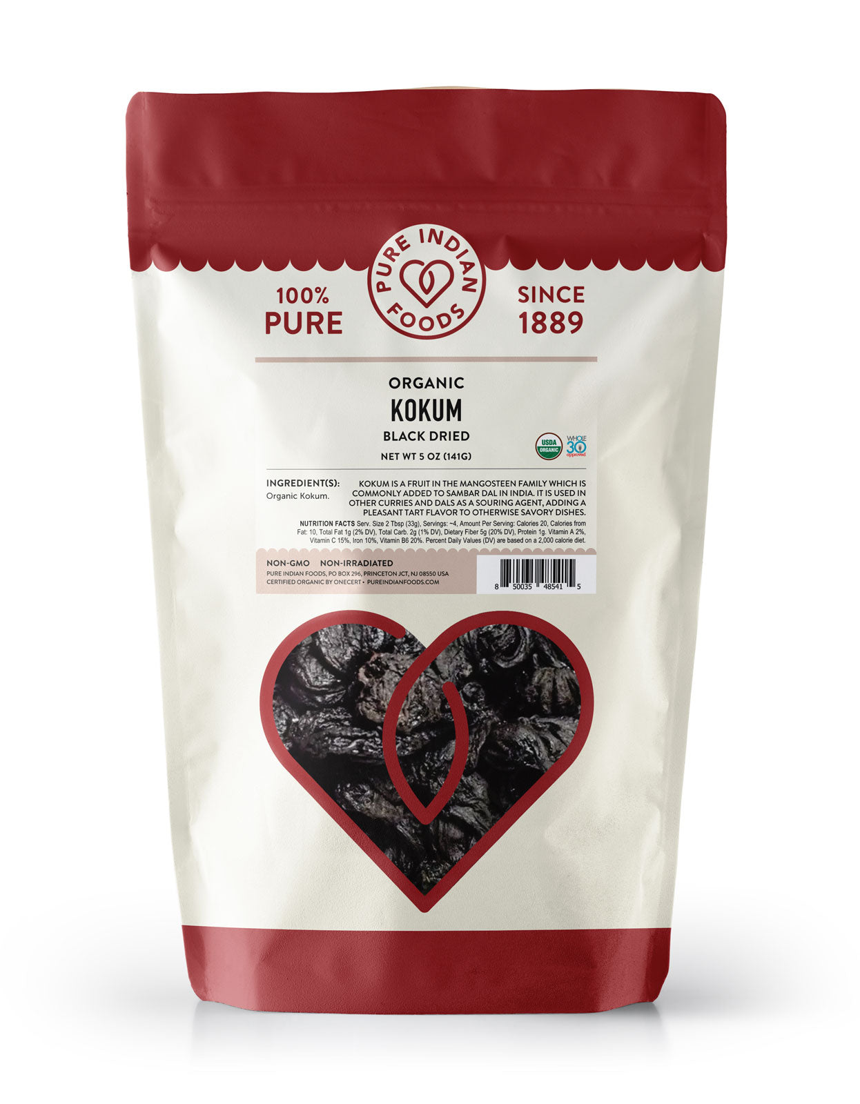 1 bag of dried, black Kokum pieces from Pure Indian Foods. Certified Organic.