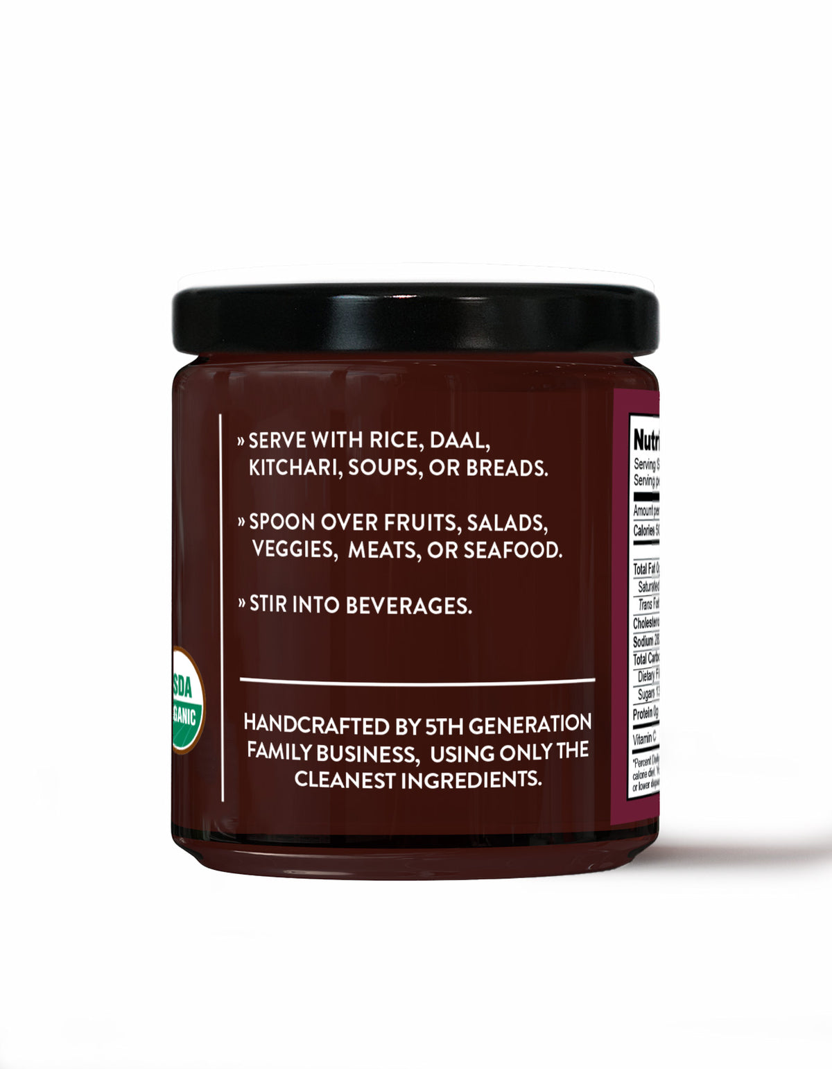 Back view of a jar of Organic Kokum Chutney with a black lid, showing product text, a USDA Organic seal, and a partial side nutrition label on a white background.