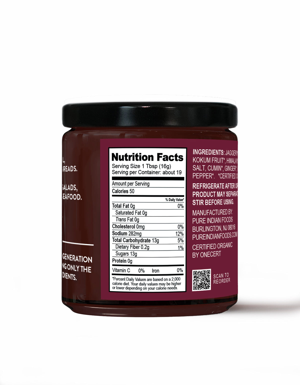Nutrition Facts label for a jar of Pure Indian Foods Organic Kokum Chutney