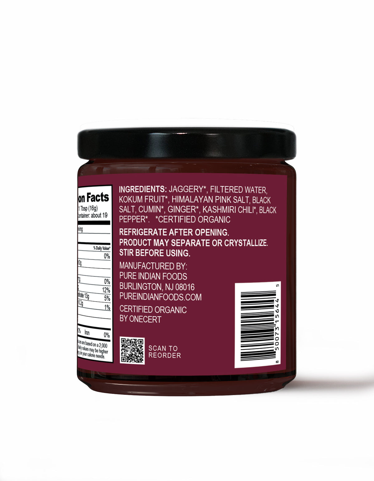 Ingredients label for a jar of Pure Indian Foods Organic Kokum Chutney