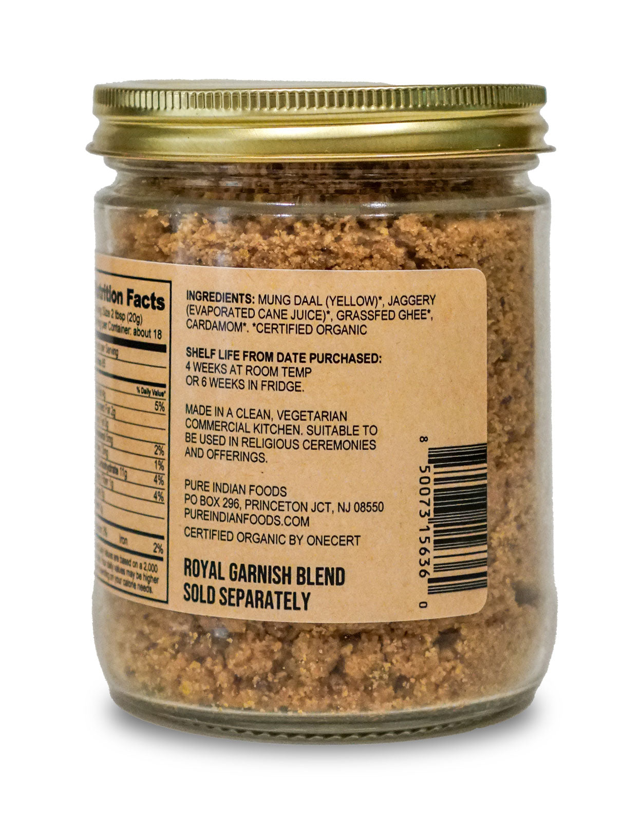 ingredients label on a filled jar of Pure Indian Foods laddu mix