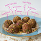 Traditional Indian laddus on a plate with text highlighting ingredients and benefits.