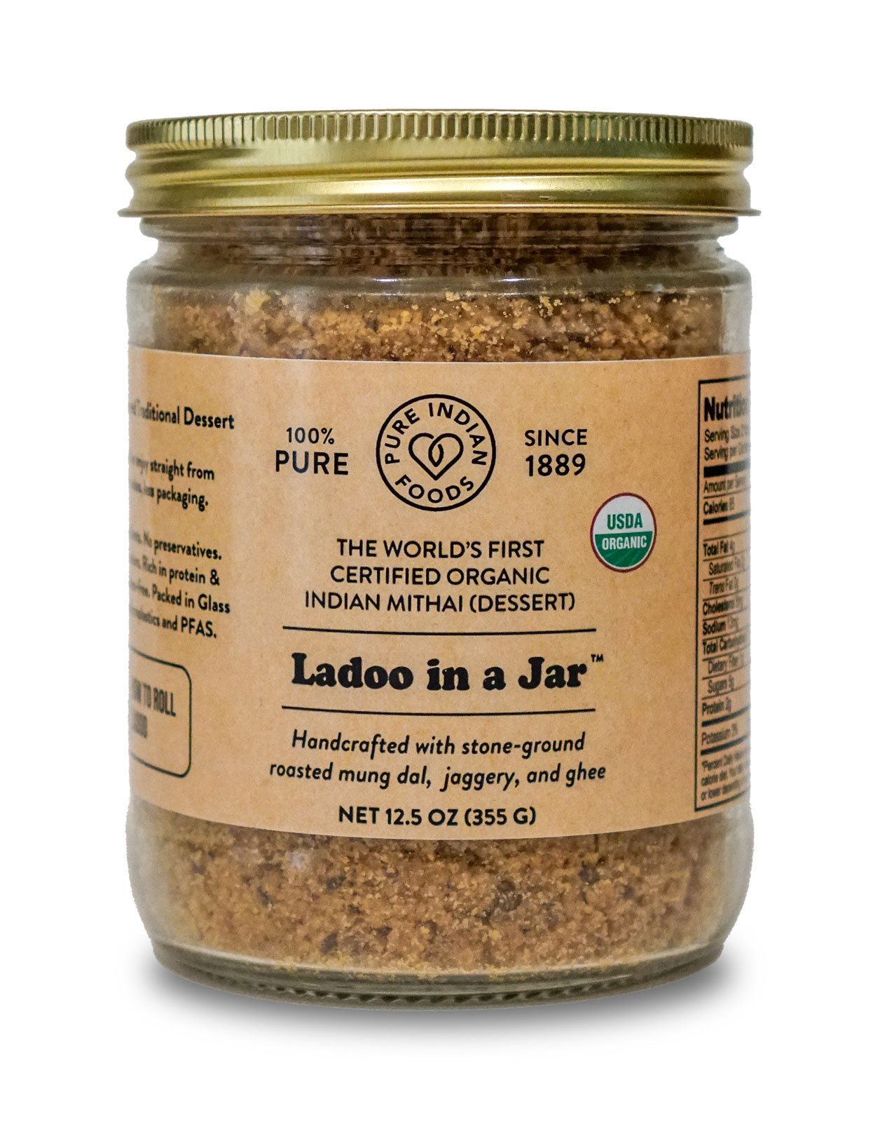 Front label of the world's first certified organic Indian mithai (dessert) Pure Indian Foods Ladoo in a Jar 