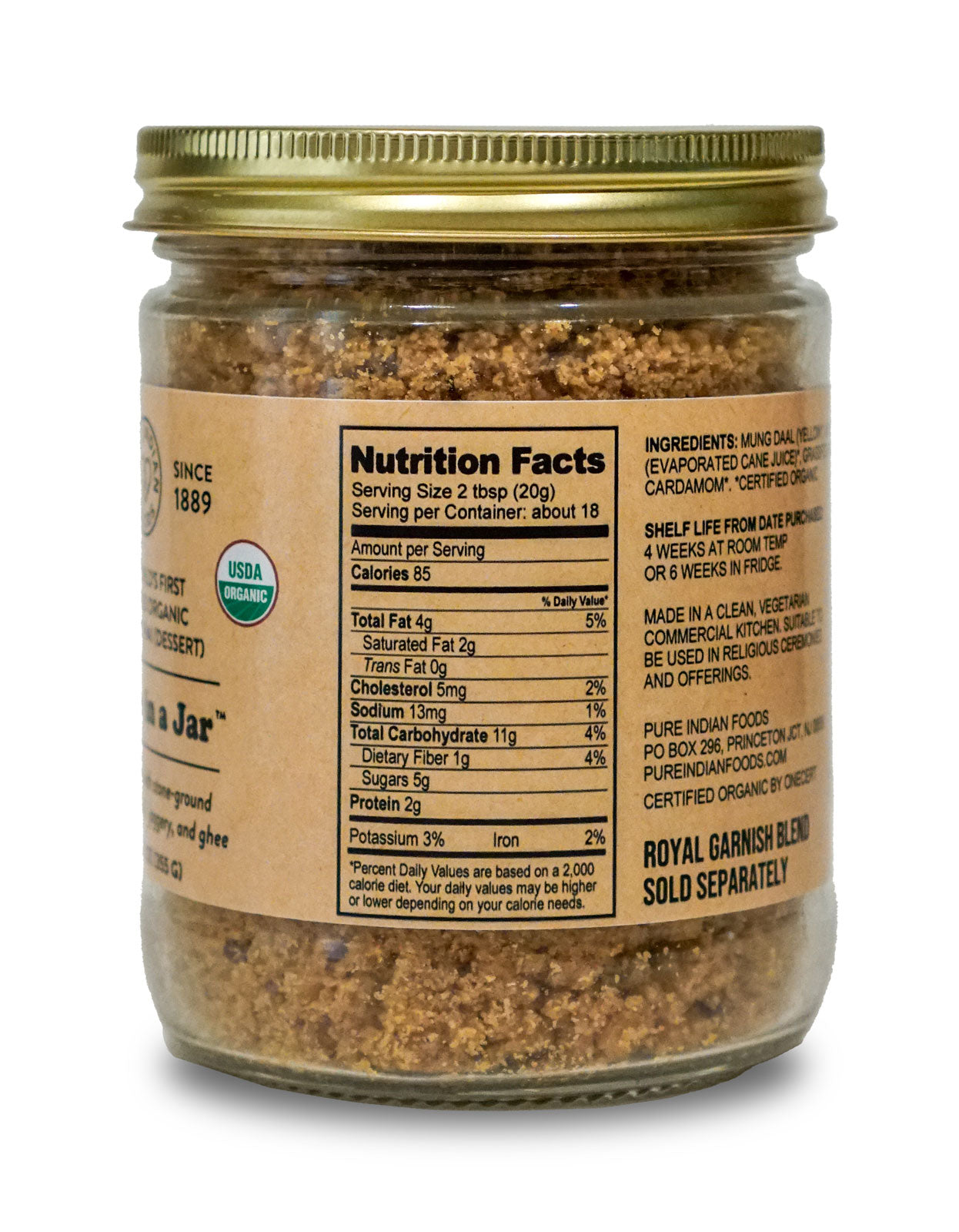 Nutrition facts label on a filled jar of Pure Indian Foods original Ladoo mix