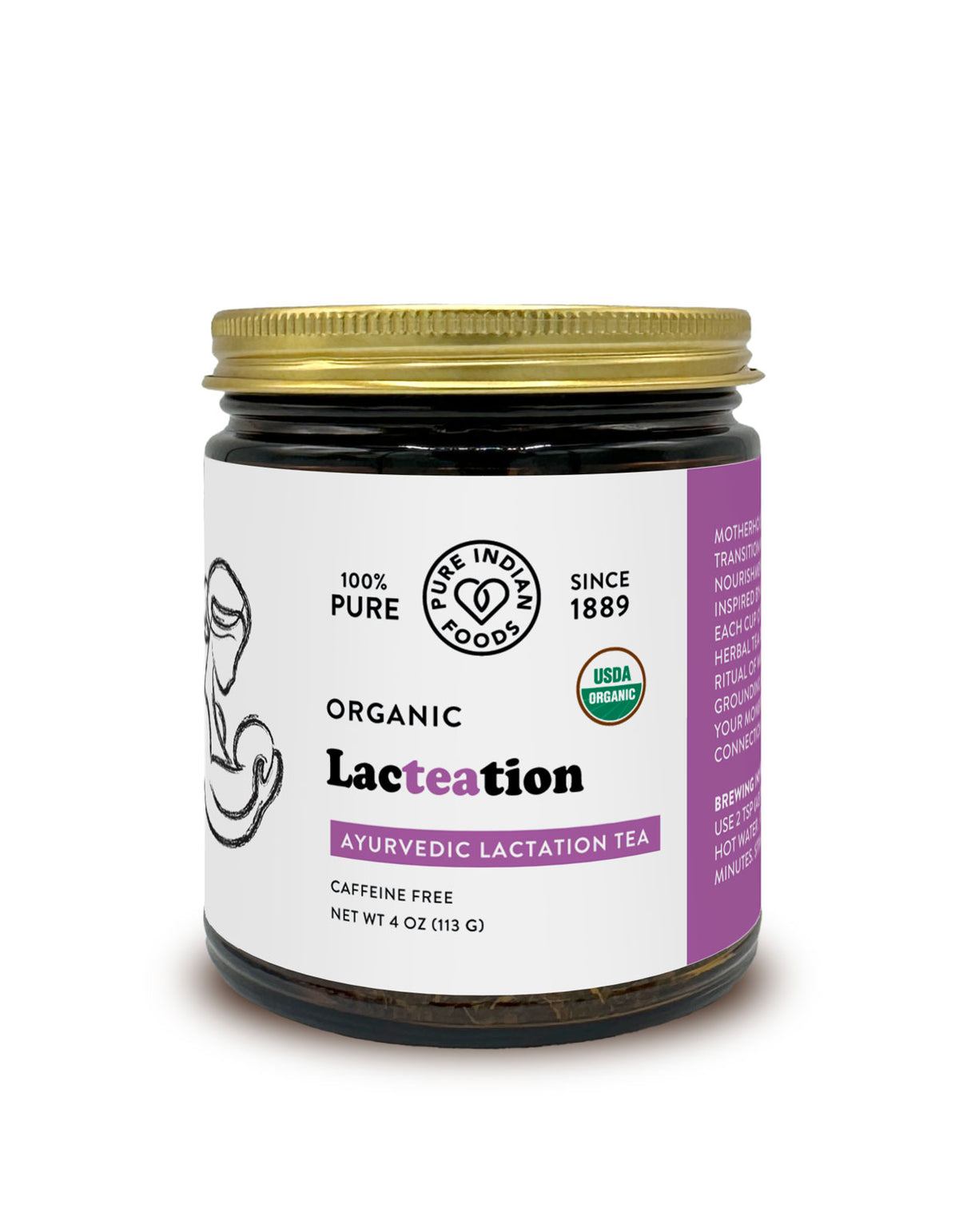 Jar of Organic Lactation Ayurvedic Lactation Tea with a gold lid on a white background