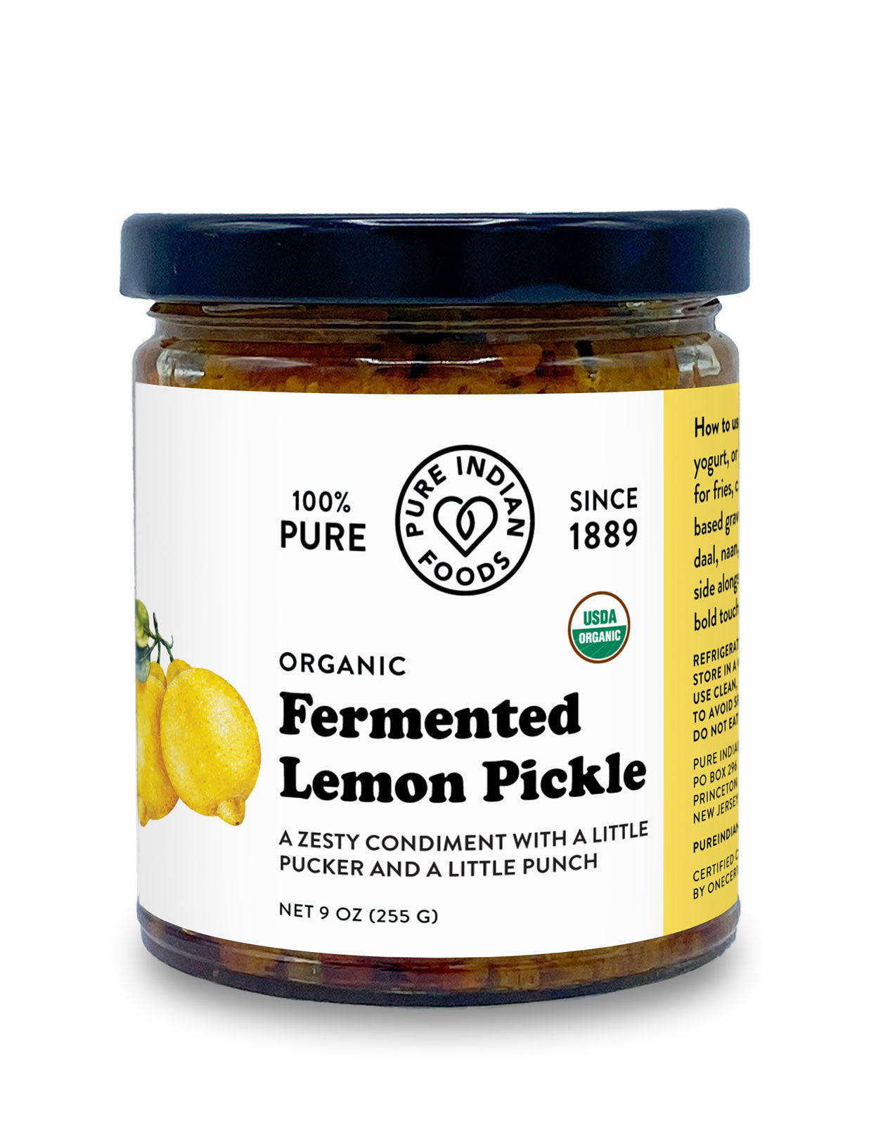 1 jar of Organic Fermented Lemon Pickle form Pure Indian Foods on a white background