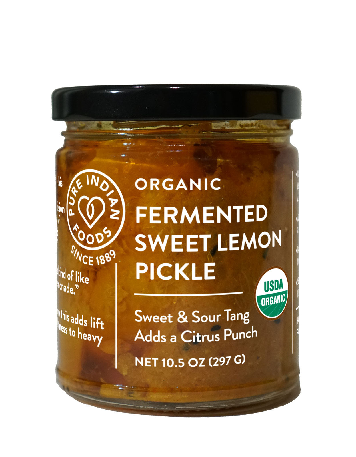 Jar of Organic Fermented Sweet Lemon Pickle by Pure Indian Foods.