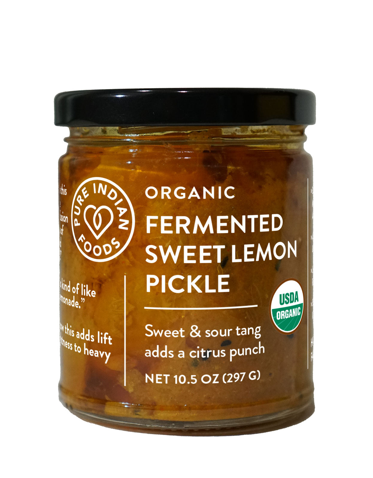 Jar of Organic Fermented Sweet Lemon Pickle by Pure Indian Foods.
