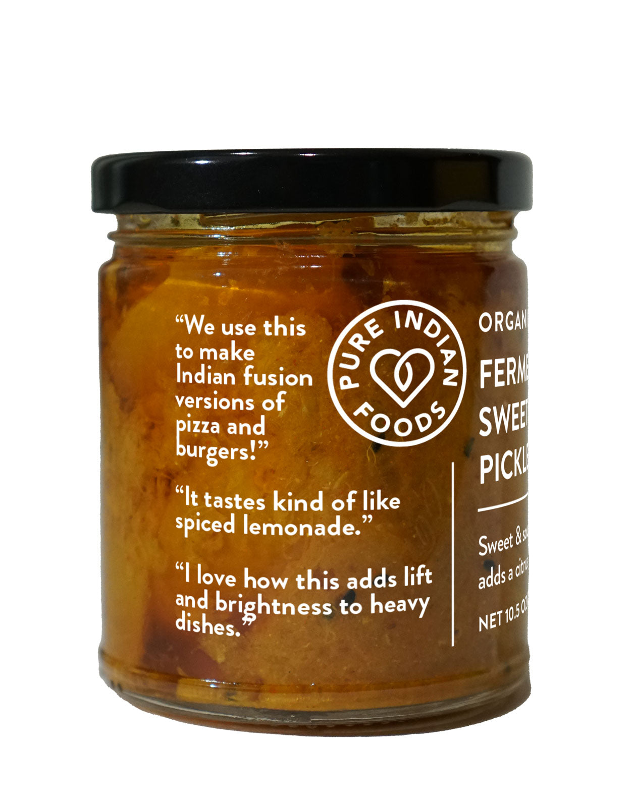 Side label on a jar of Organic Fermented Sweet Lemon Pickle with quotations from customers.