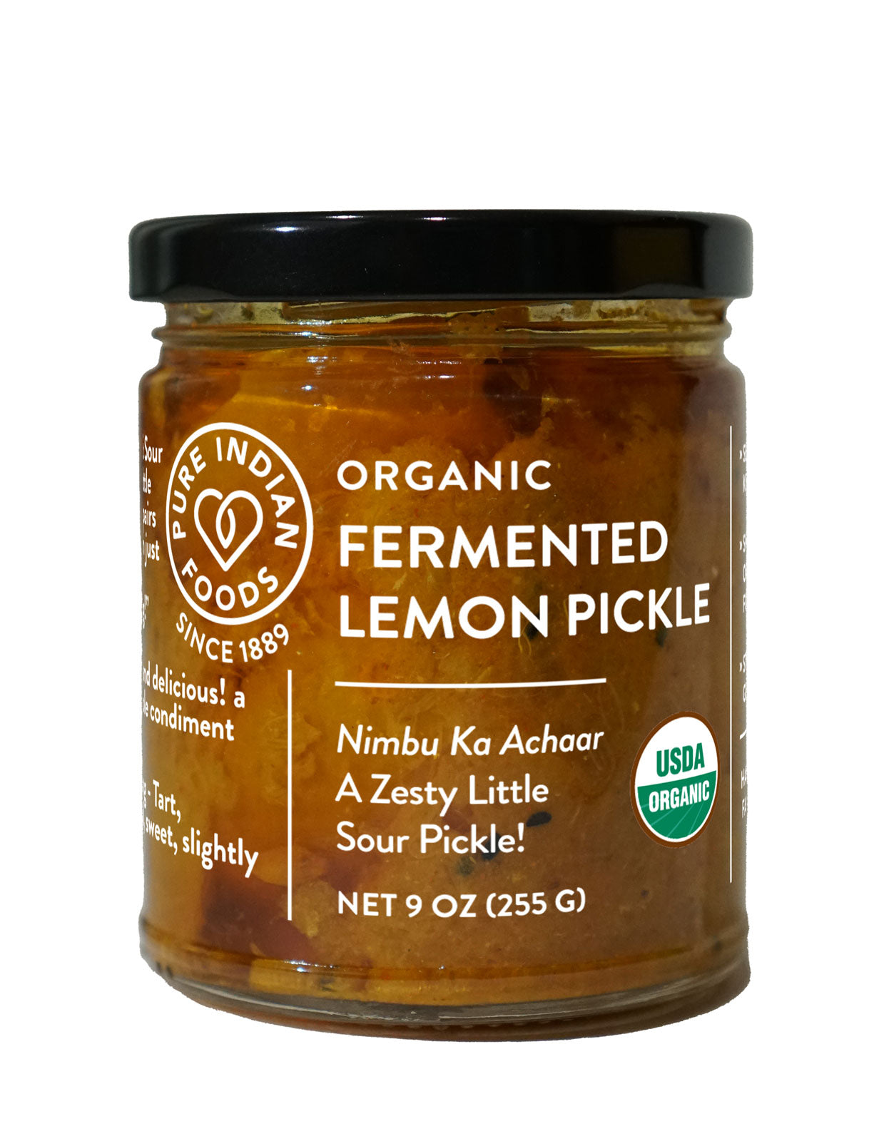 A jar of Organic Fermented Lemon Pickle AKA Nimbu Ka Achaar from Pure Indian Foods