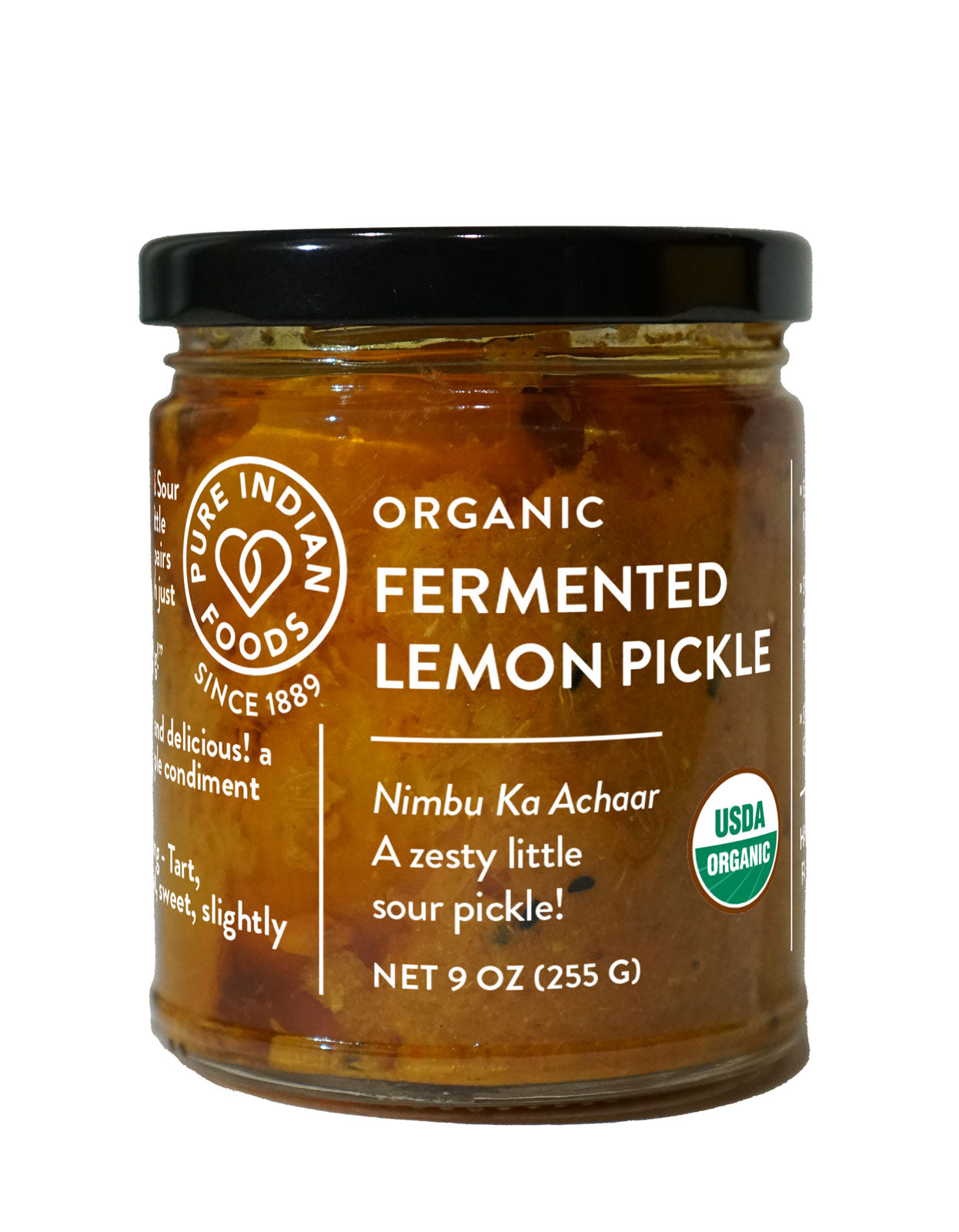 A jar of Organic Fermented Lemon Pickle AKA Nimbu Ka Achaar from Pure Indian Foods