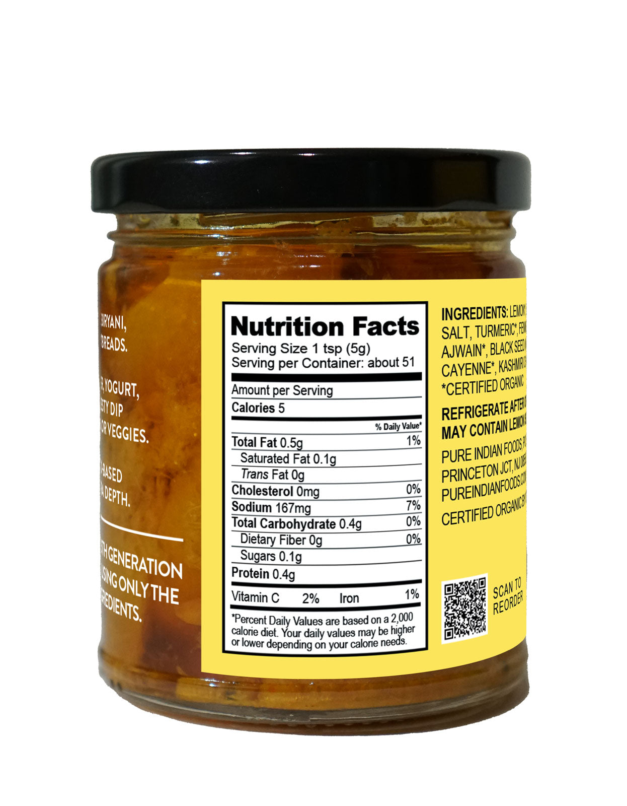 Nutrition Facts label on a jar of lemon Achaar from Pure Indian Foods