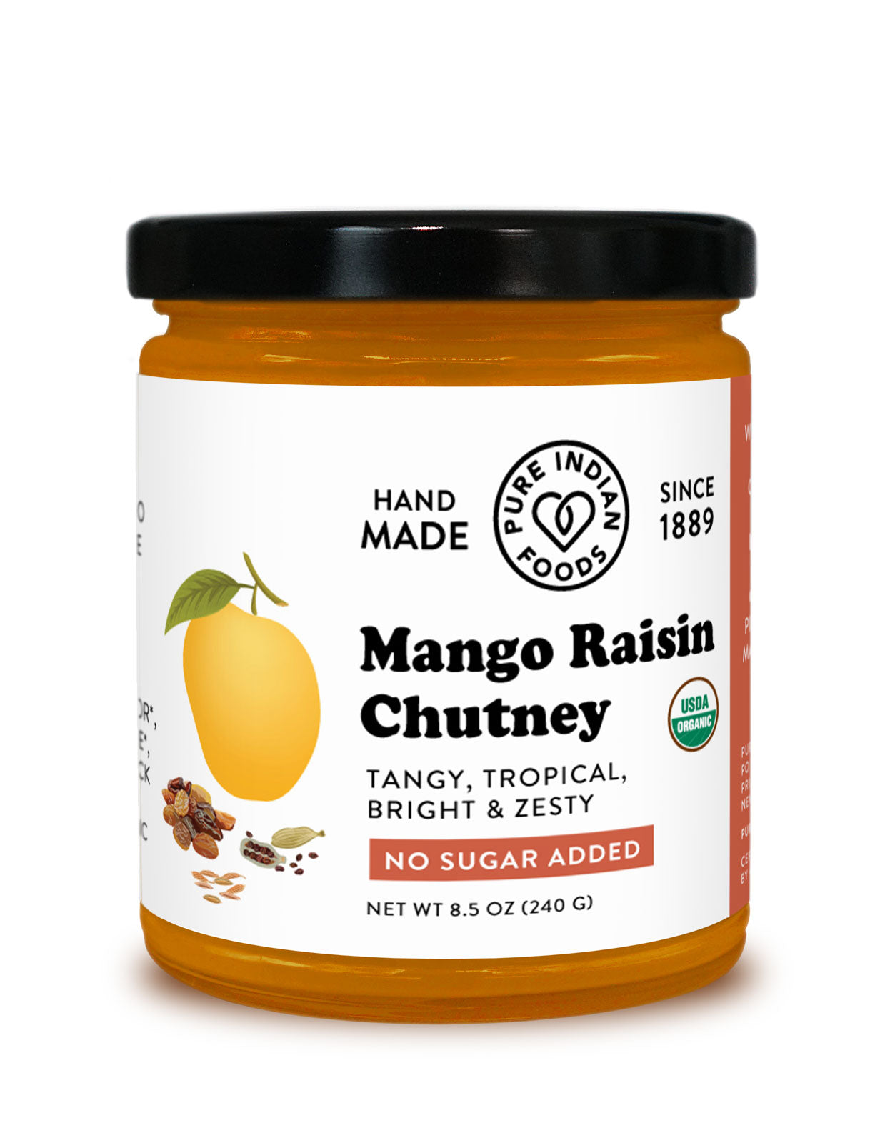 A jar of Pure Indian Foods Organic Mango Raisin Chutney