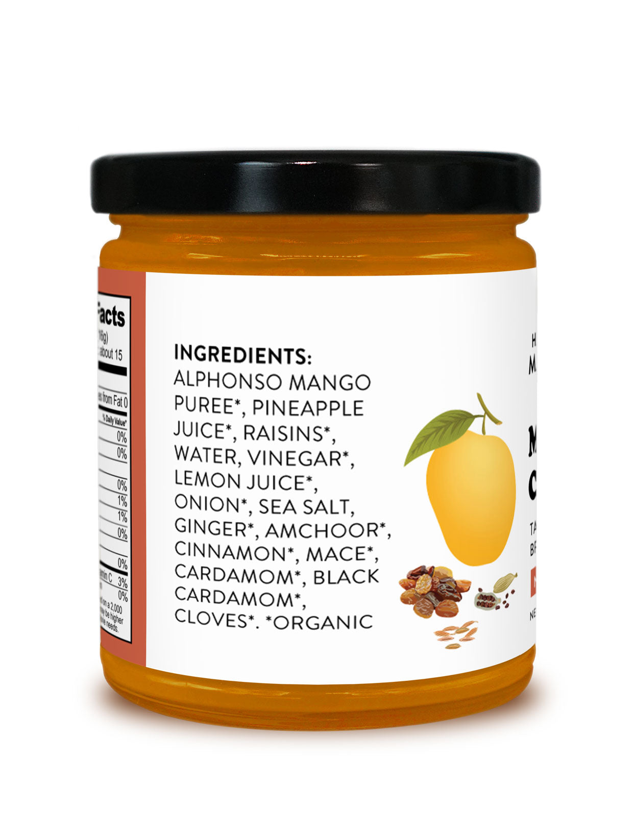 Ingredients label on a jar of Pure Indian Foods Organic Mango Raisin Chutney
