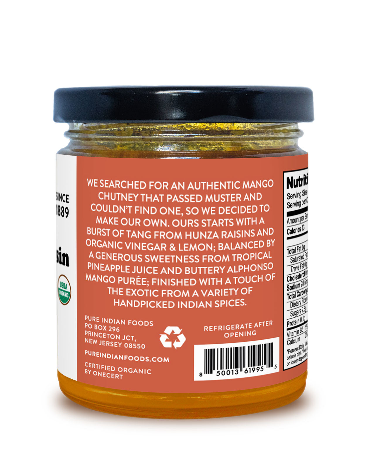 Back label of a jar of Pure Indian Foods Organic Mango Raisin Chutney