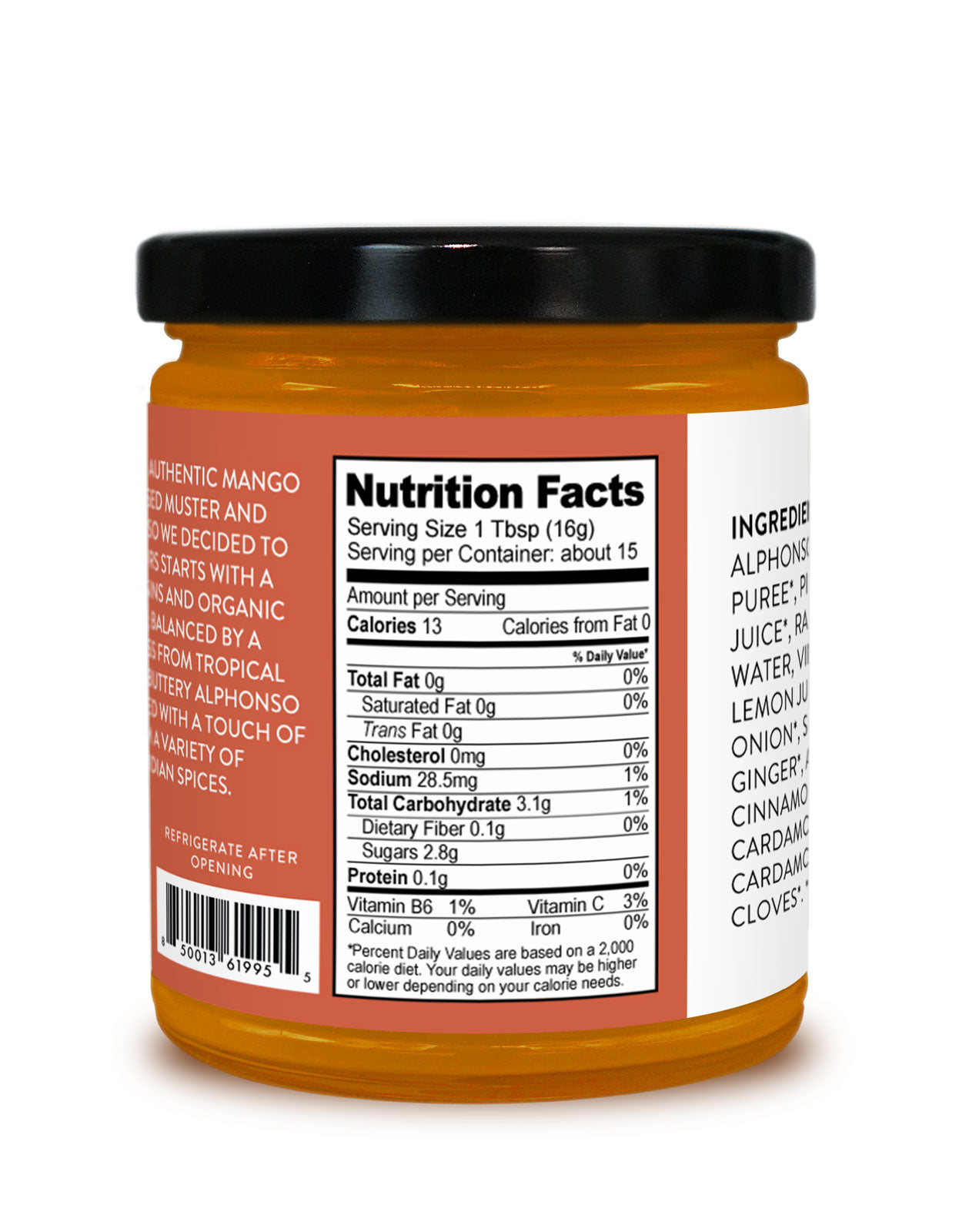 Nutrition Facts label on a jar of Pure Indian Foods Organic Mango Raisin Chutney
