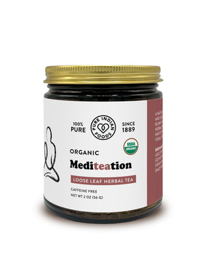 Jar of Pure Indian Foods Organic  mediTEAation loose leaf herbal tea with a gold lid on a white background