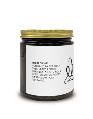 Ingredient Label on a jar of Pure Indian Foods MediTEAtion loose leaf organic tea. Includes Schisandra berries, Tulsi leaf, lemon balm leaf, gotu kola leaf, licorice root, Cardamom pods.