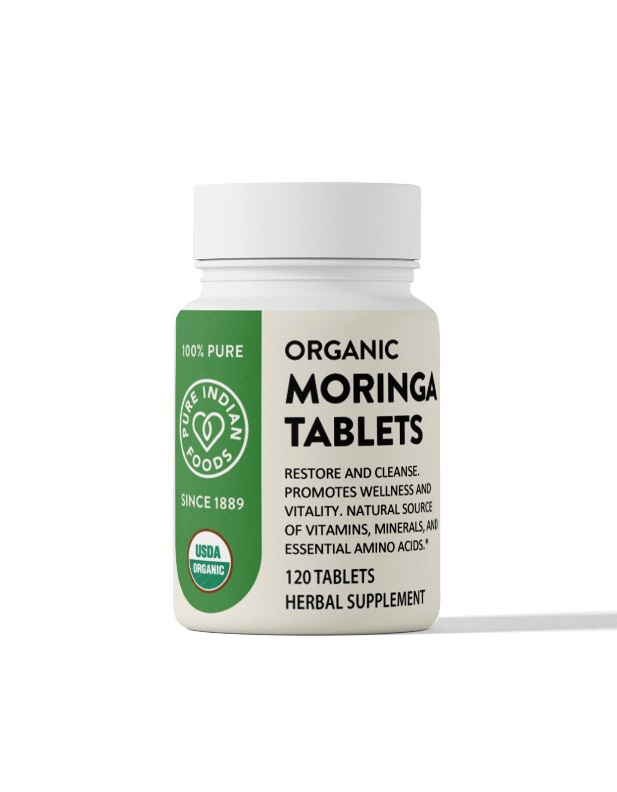 1 bottle of organic moringa tablets from Pure Indian Foods. Restore and cleanse. Promotes wellness and vitality. Natural source of vitamins, minerals, and essential amino acids