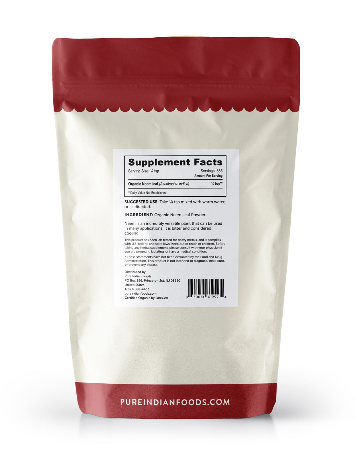 Supplement Facts for Pure Indian Foods organic neem powder.
