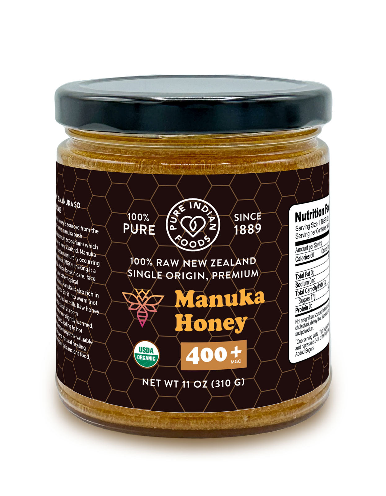 Jar of 100% raw organic Manuka Honey from New Zealand with 400+ MGO