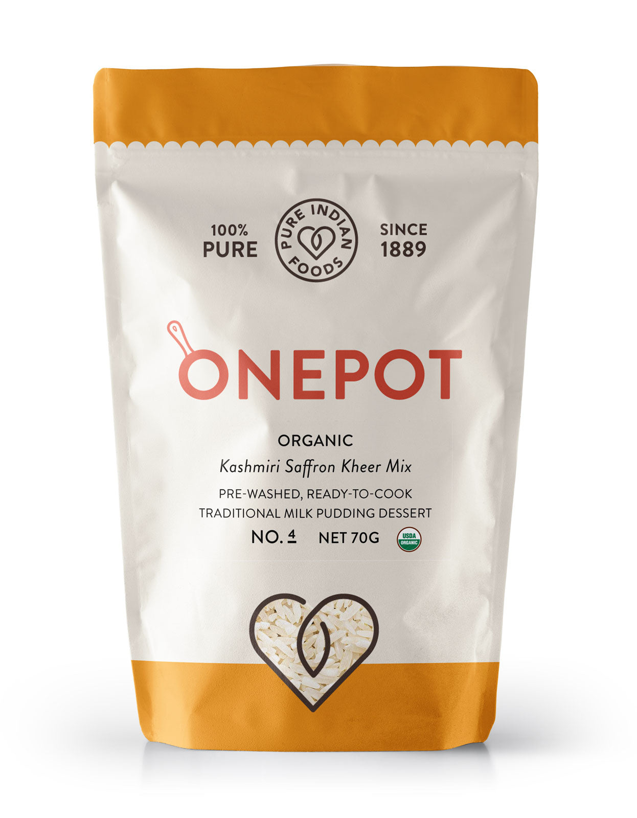 A bag of Pure Indian Foods Kheer Mix - OnePot Kashmiri Saffron and certified organic, a traditional milk pudding dessert